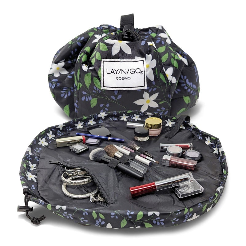 LaynGo Cosmo Drawstring Cosmetic  Makeup Bag Organizer  Portable Drawstring Makeup Bag wZipper Pocket Makeup Loops  More  Durable Machine Washable Toiletry Bag 20 Floral Large